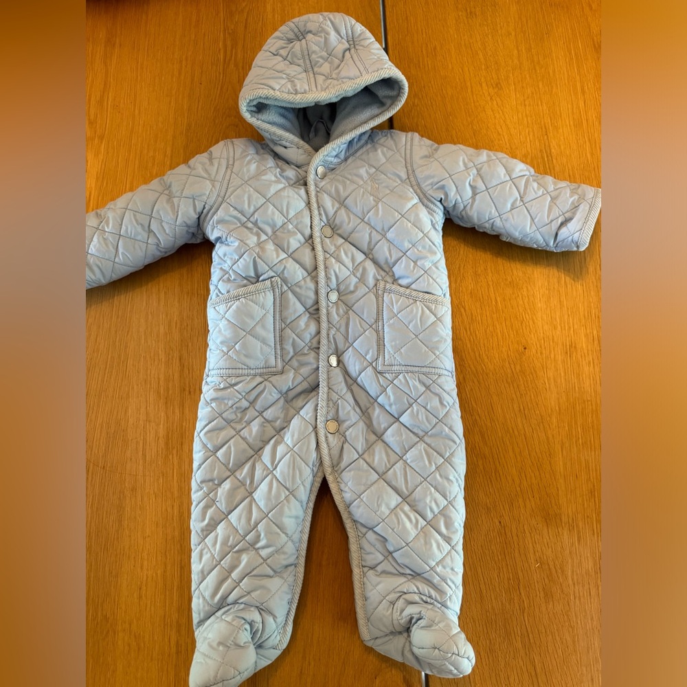 Gorgeous infant Ralph Lauren quilted down and fleece winter bunting 9m baby blue
